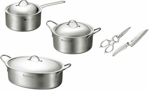 よこやま 燕熟の技 「クローバー」 3LAYERS 片手鍋 18cm・両手鍋 20cm・オーバルパン 28cm・ペティ・ハサミ EJSA-5000 シルバー