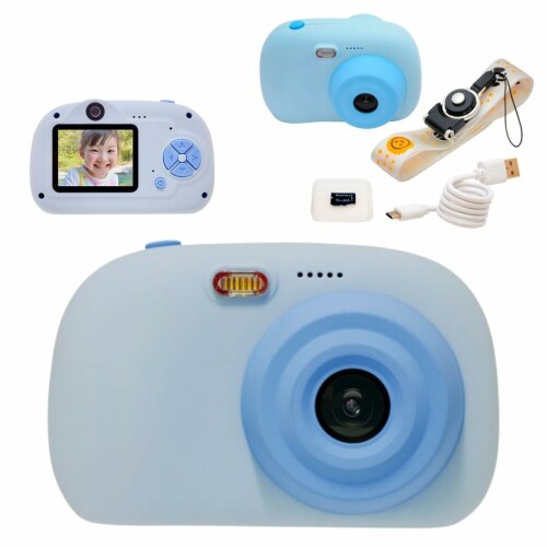 ハイテック ミニキッズカメラ ブルー WEC33-BL-GD デジタルカメラ 4800万画素 8倍ズーム 32G メモリーカード付き子供用 トイカメラ かわいい コンパクト 動画撮影 音楽再生 ゲーム 誕生日 プ