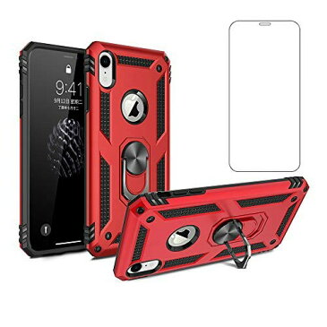 スマホケース iPhone xr ケース+ アイフォン xr ?化 ガラス 保護 フィルム リング スタンド 付き 耐衝撃 xrケース xrケース 背面 カバー レッド 赤