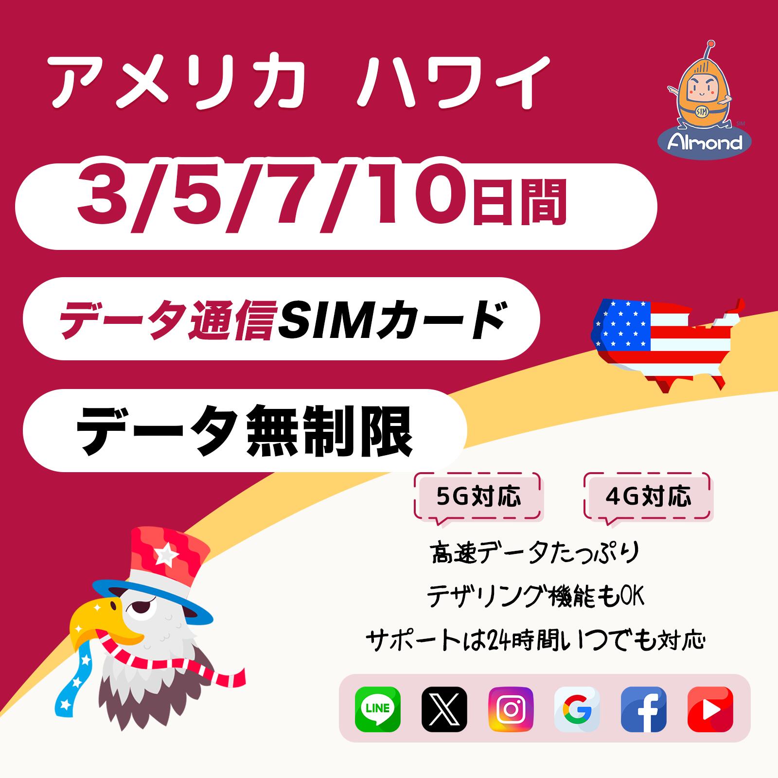 【Almond eSIM】アメリカ ハワイ 3/5/7/10日間 完全データ無制限 5G 4G-LTE 高速通信 使い放題｜当日発行・即時利用可 物理SIM不要｜America Hawaii プリペイドSIM｜24時間多言語サポート