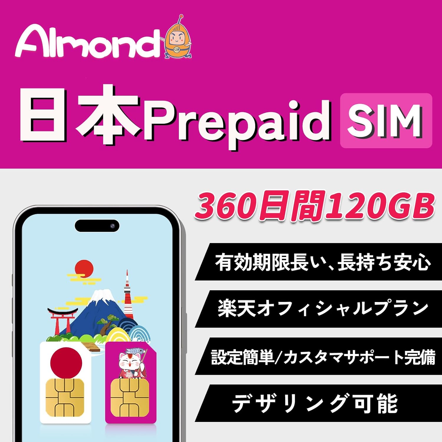 【Almond 日本 sim】日本 sim 純正Rakutenキャリア 360日間120GB 5G,4G,LTE対応 本人確認不要 返却不要 かんたん設定 Japan Rakuten Prepaid SIM Card Easy Setup (360日間120GB)（楽天・アーモンド　シムショップ）