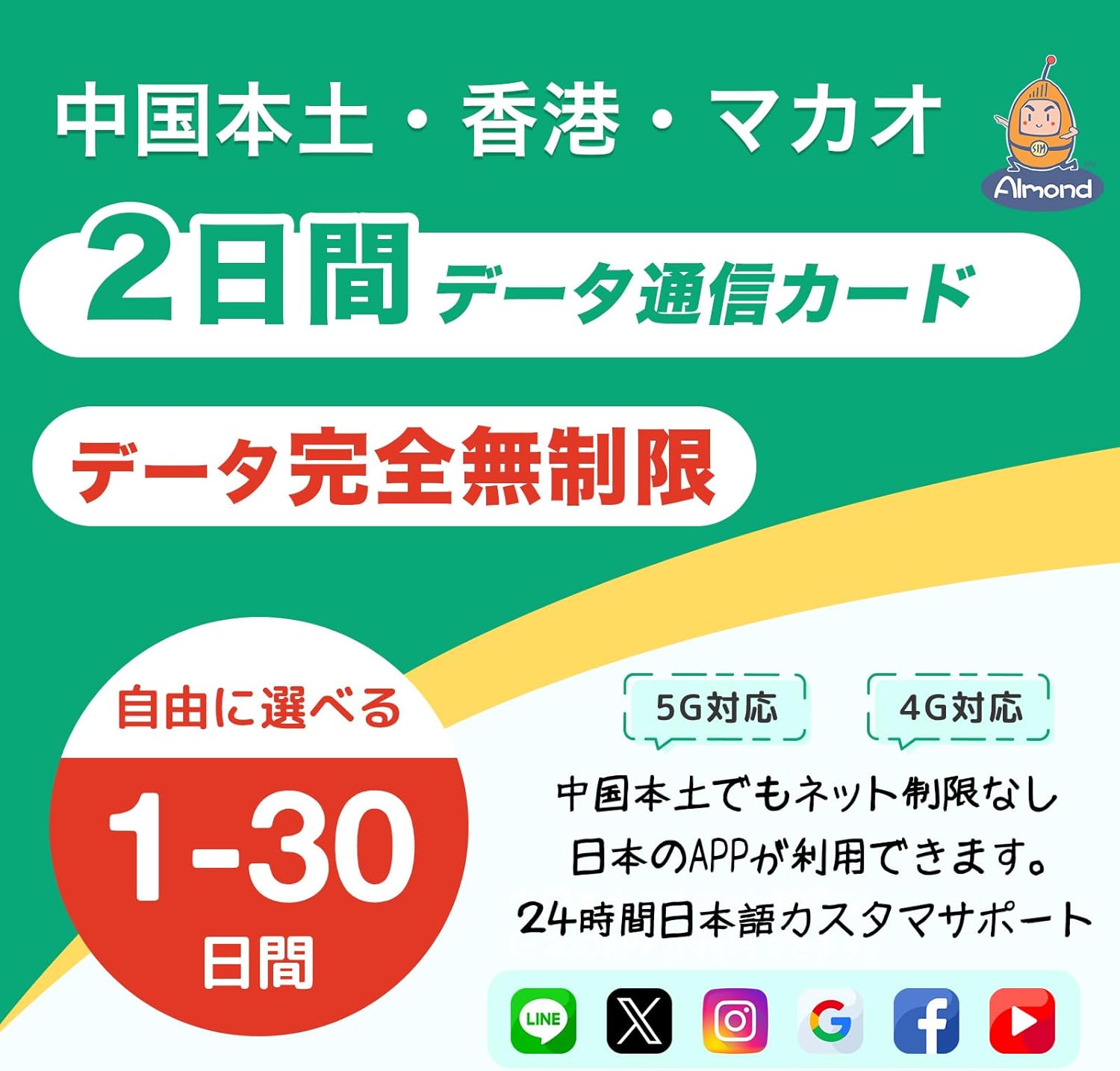 【Almond SIM】中国本土 simcard 1-30日間 高速データ通信 完全無制限 香港 マカオにも利用可能 1-30日間選択可能 中国ネット規制対象外 中国でもGoogle、LINE、YouTubeなど利用可能 24時間安心サポート 5G 4G-LTE対応 プリペイド SIMカード China simカード
