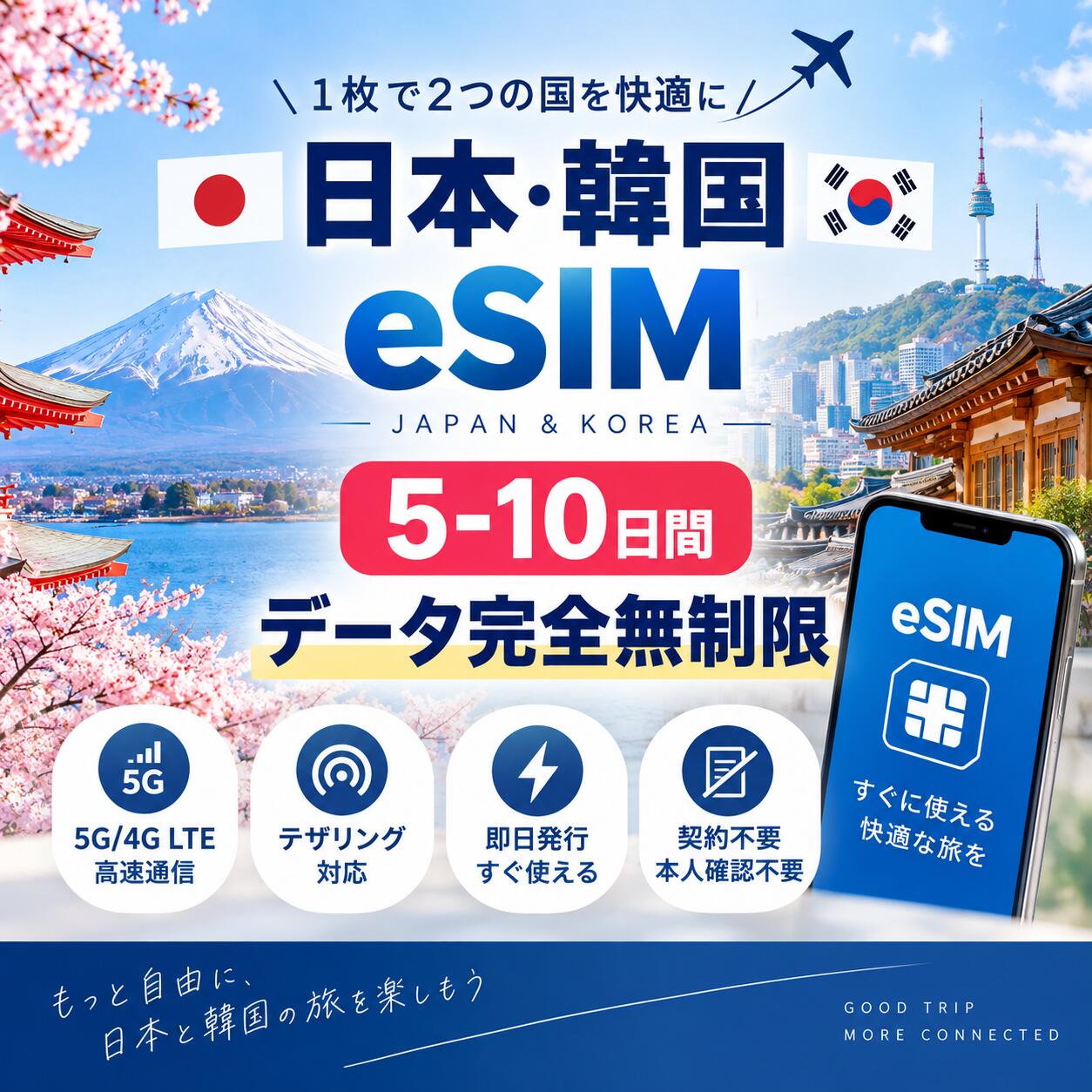 【配送待ち不要・即時利用】ご購入後、商品画像に記載の手順に従い、専用ページにてご注文番号とメールアドレスをご入力いただくだけで、eSIMのQRコードと設定ガイドをメールアドレスへ即時送信。配送を待つことなく、購入後すぐにご利用いただけます。 【高速データ無制限】日本・韓国で利用可能な周遊eSIM。高速データ通信が使い放題。本人確認・契約不要、購入後すぐに利用可能。旅行・出張・留学・ビジネスなど幅広いシーンに最適。TikTok・YouTube・ChatGPTにも対応。 【日本国内で事前設定OK】出発前に日本国内でeSIMの追加・設定・動作確認が可能。現地到着後すぐにインターネットをご利用いただけます。初めてeSIMをご利用の方にも分かりやすい設定ガイド付きです。 【有効期限】メール受信から90日以内にご利用ください。出発直前の購入でも安心してご利用いただけます。 【対応端末】SIMフリー・SIMロック解除端末、eSIM対応スマホでのみご利用いただけます。タブレットやWi-Fiルーターでは使用できません。 【24時間サポート対応】初めてeSIMをご利用の方でも安心。24時間・年中無休の日本語カスタマーサポートをご用意しております。設定方法や通信に関するご不明点は、LINEよりいつでもお気軽にお問い合わせください。