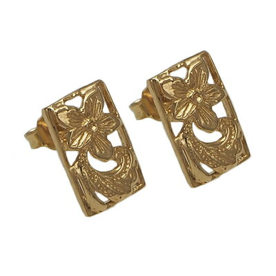 ハワイアンジュエリー ピアス イヤリング 14kゴールド 透かしトロピカルミニプレートピアス メンズ レディース ゴールド