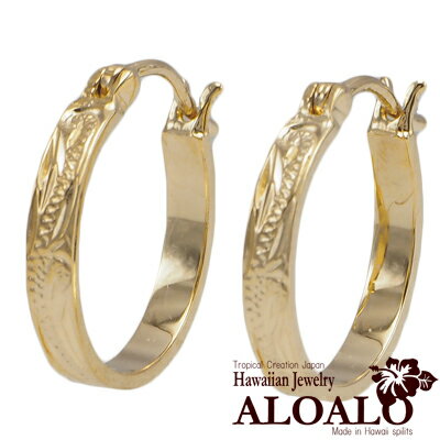 ハワイアンジュエリー ピアス イヤリング 14K ゴールド スクロール フープ ピアス メンズ レディース