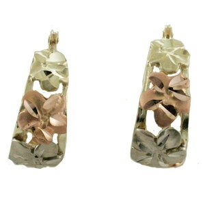 ハワイアンジュエリー ピアス イヤリング 14K ゴールド トライカラー フーププルメリア透かしピアス レディース ゴールド フープピアス ハワイ製