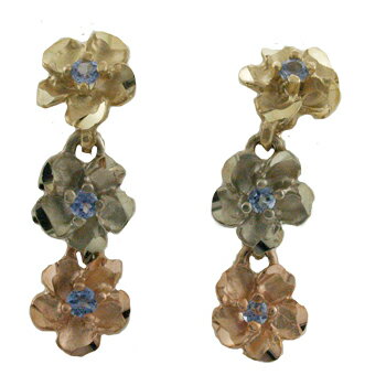 ハワイアンジュエリー ピアス イヤリング 14K ゴールド トライカラー プルメリアタンザナイトピアス レディース ゴールド ハワイ製
