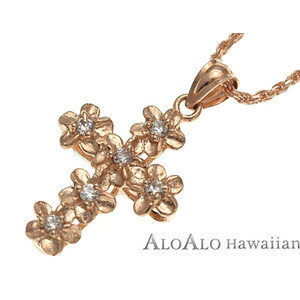 ハワイアンジュエリー ネックレス ペンダント トップ 14K ゴールド プルメリアクロストップ ジルコニア レディース ピンクゴールド