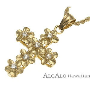 ハワイアンジュエリー ネックレス ペンダント トップ 14K ゴールド プルメリアクロストップ ジルコニア レディース イエローゴールド