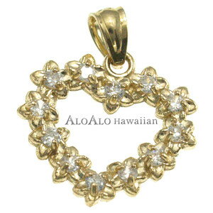 ハワイアンジュエリー ネックレス ペンダント トップ 14K ゴールド プルメリアハートトップ ジルコニア レディース イエローゴールド