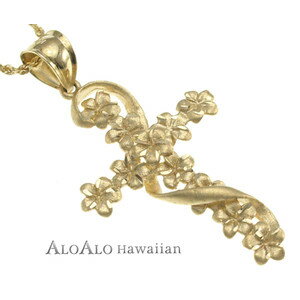 ハワイアンジュエリー ネックレス ペンダント トップ 14K ゴールド プルメリアクロストップ レディース クロス プルメリア イエローゴールド