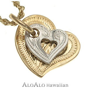 ハワイアンジュエリー ネックレス ペンダント トップ 14K ゴールド ダブル2トーン オープンハートトップ レディース ハート ホワイトゴールド イエローゴー...