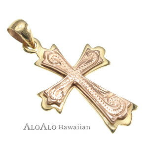 ハワイアンジュエリー ネックレス ペンダント トップ 14K ゴールド ツートンクロストップ メンズ レディース クロス ピンクゴールド イエローゴールド 波 ...