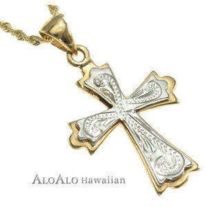 ハワイアンジュエリー ネックレス ペンダント トップ 14K ゴールド ツートンクロストップ メンズ レディース クロス イエローゴールド ホワイトゴールド 波...