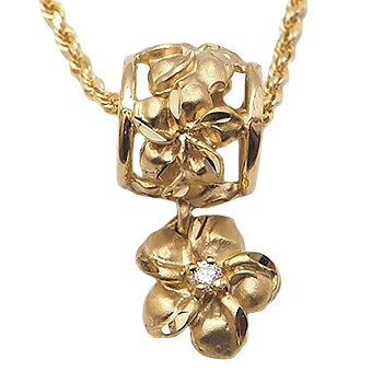 ハワイアンジュエリー ネックレス ペンダント トップ 14K ゴールド チューブプルメリアぶら下がりトップ レディース バレル ジルコニア イエローゴールド ハ...