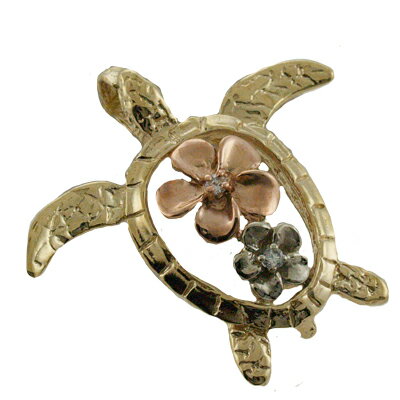 ハワイアンジュエリー ネックレス ペンダント トップ 14K ゴールド 3カラープルメリアの大きめホヌトップ メンズ レディース ホヌ ハワイ製