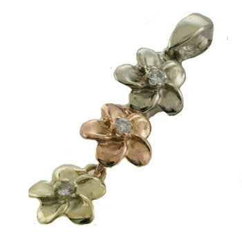 ハワイアンジュエリー ネックレス ペンダント トップ 14K ゴールド 3連プルメリアダイヤトップ レディース プルメリア ダイヤモンド ハワイ製