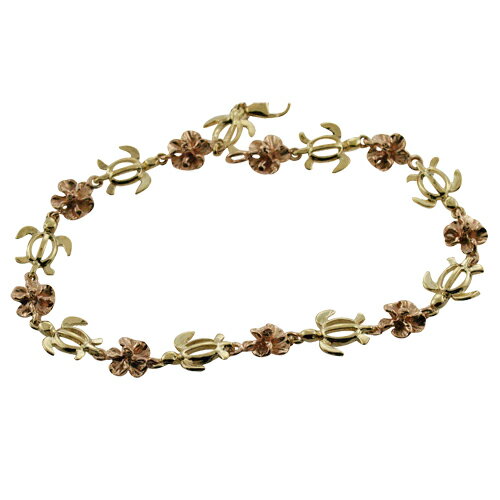 ハワイアンジュエリー ブレスレット 14k ゴールド 2トーンプルメリアホヌブレスレット レディース ゴールド ハワイ製