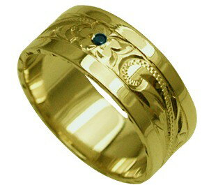 ハワイアンジュエリー リング 指輪 オーダーメイド 重厚な立体感2mm厚 幅8mm 14K ゴールド グリーンゴールド ブラックダイヤ入り スペシャルプレーンリング ハワイ製 手彫りリング メンズ レディース 結婚指輪 マリッジリング ウェディングリング 2号-28号