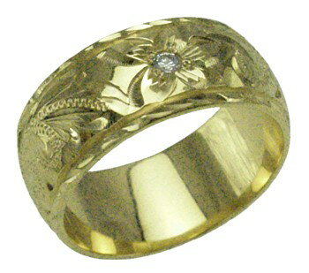 ハワイアンジュエリー リング 指輪 オーダーメイド 重厚な立体感2mm厚 幅8mm 14K ゴールド グリーンゴールド ダイヤモンドバレルリング ハワイ製 手彫...