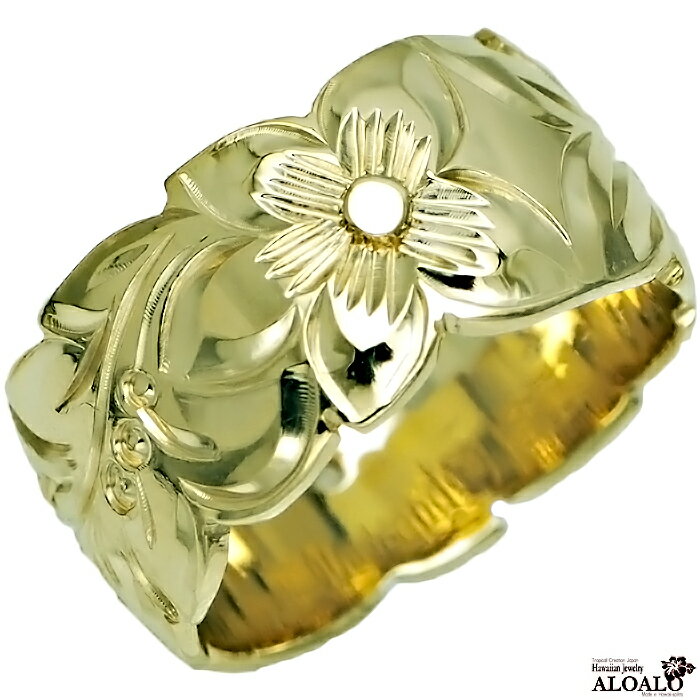 ハワイアンジュエリー リング 指輪 オーダーメイド バレルリング 重厚な立体感2mm厚 幅10mm 14K ゴールド グリーンゴールド ハワイ製 手彫りリング ...