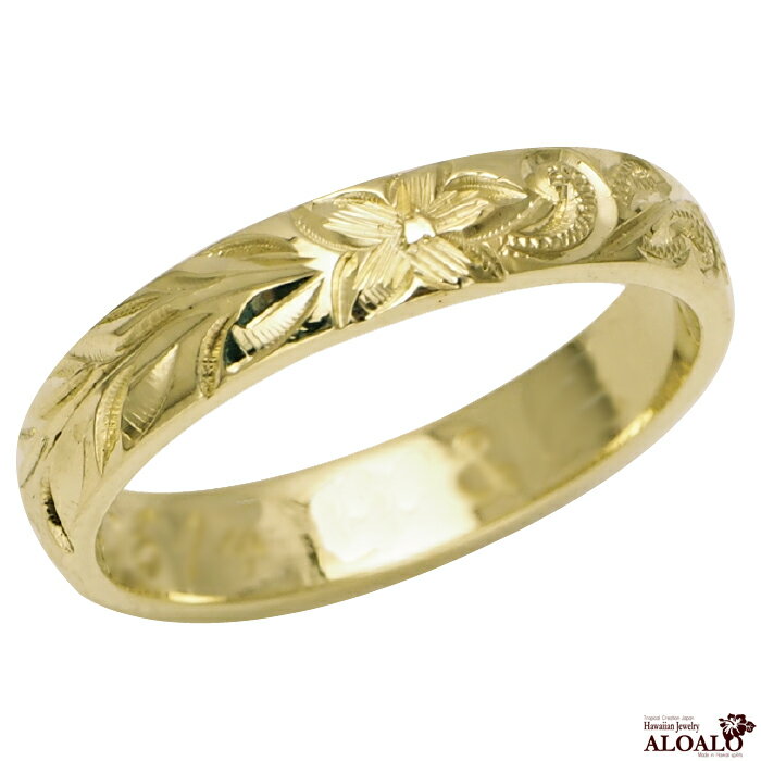 ハワイアンジュエリー リング 指輪 オーダーメイド 1.5mm厚 幅4mm 14K ゴールド グリーンゴールド ハワイ製 手彫りリング メンズ レディース 結婚指輪 マリッジリング ウェディングリング 2号-28号