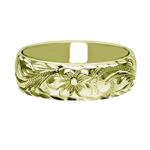 ハワイアンジュエリー リング 指輪 オーダーメイド しっかりした1.75mm厚 幅6mm 14K ゴールド グリーンゴールド バレルリング ハワイ製 手彫りリン...