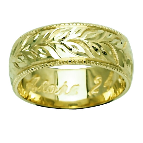 ハワイアンジュエリー リング 指輪 オーダーメイド しっかりした1.75mm厚 幅8mm 14K ゴールド グリーンゴールド バレルリング ハワイ製 手彫りリング メンズ レディース 結婚指輪 マリッジリング ウェディングリング 2号-28号