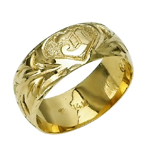 ハワイアンジュエリー リング 指輪 オーダーメイド 重厚な立体感2mm厚 幅10mm 14K ゴールド グリーンゴールド イニシャル バレルリング ハワイ製 手...