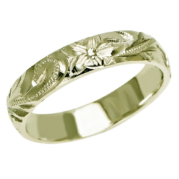 ハワイアンジュエリー リング 指輪 オーダーメイド しっかりした1.75mm厚 幅4mm 14K ゴールド グリーンゴールド バレルリング ハワイ製 手彫りリン...