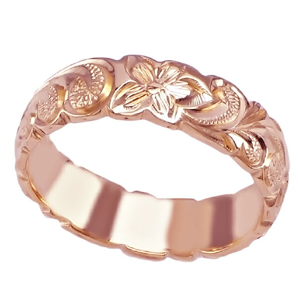 ハワイアンジュエリー リング 指輪 オーダーメイド しっかりした1.75mm厚 幅6mm 14K ゴールド ピンクゴールド バレルリング ハワイ製 手彫りリング...