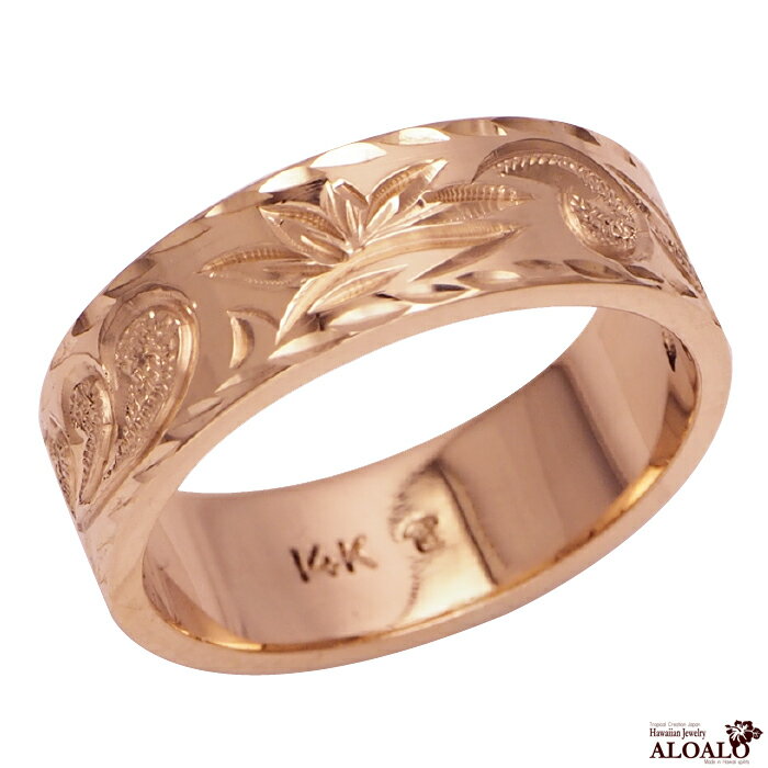 ハワイアンジュエリー リング 指輪 オーダーメイド 重厚な立体感2mm厚 幅6mm 14K ゴールド ピンクゴールド フラットリング ハワイ製 手彫りリング メンズ レディース 結婚指輪 マリッジリング ウェディングリング 2号-28号