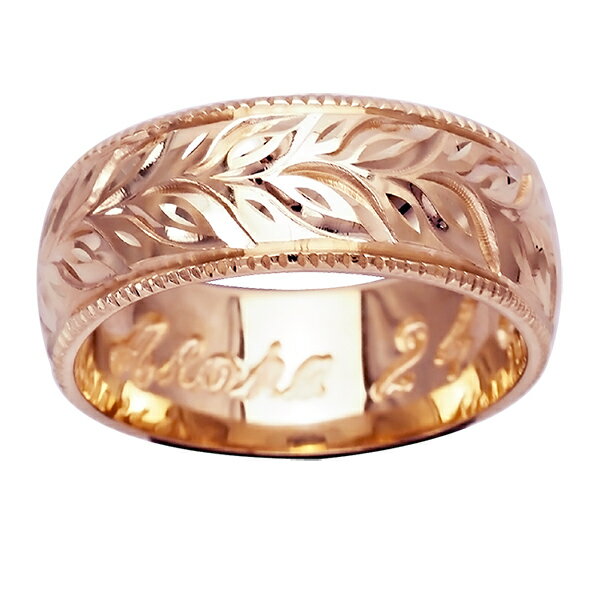 ハワイアンジュエリー リング 指輪 オーダーメイド 重厚な立体感2mm厚 幅8mm 14K ゴールド ピンクゴールド バレルリング ハワイ製 手彫りリング メンズ レディース 結婚指輪 マリッジリング ウェディングリング 2号-28号