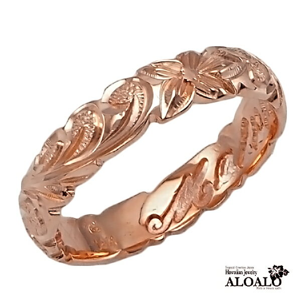 ハワイアンジュエリー リング 指輪 オーダーメイド しっかりした1.75mm厚 幅4mm 14K ゴールド ピンクゴールド バレルリング ハワイ製 手彫りリング...