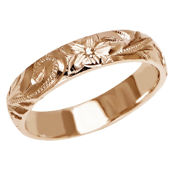ハワイアンジュエリー リング 指輪 オーダーメイド しっかりした1.75mm厚 幅4mm 14K ゴールド ピンクゴールド バレルリング ハワイ製 手彫りリング...