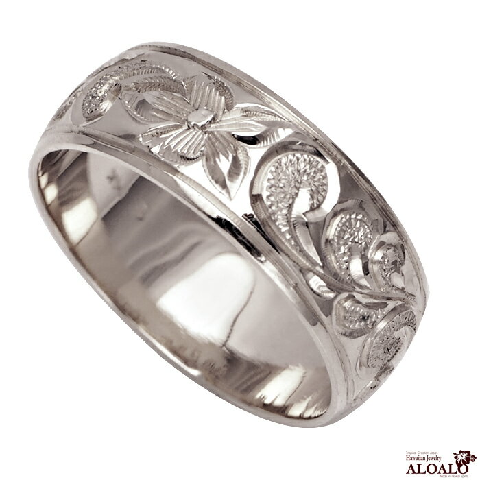 ハワイアンジュエリー リング 指輪 オーダーメイド 重厚な立体感2mm厚 幅8mm 14K ゴールド ホワイトゴールド バレルリング ハワイ製 手彫りリング メ...