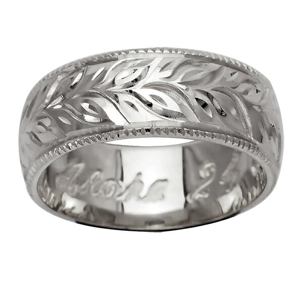 ハワイアンジュエリー リング 指輪 オーダーメイド しっかりした1.75mm厚 幅8mm 14K ゴールド ホワイトゴールド バレルリング ハワイ製 手彫りリン...