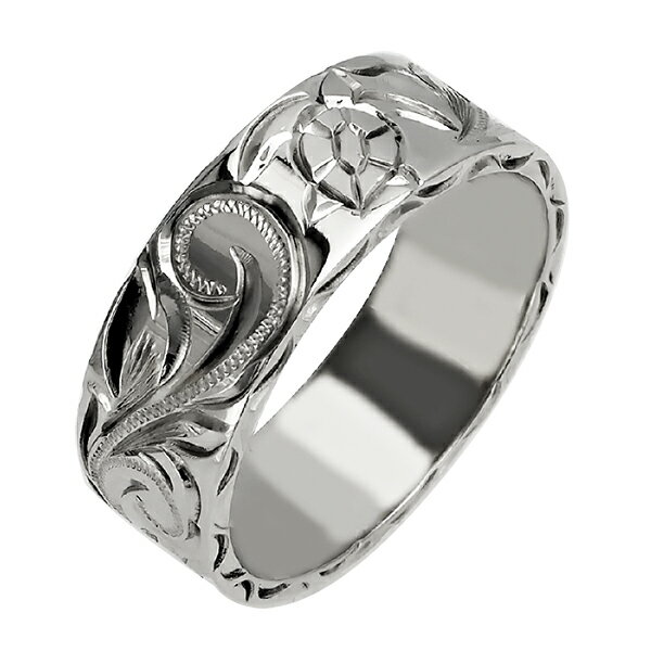 ハワイアンジュエリー リング 指輪 オーダーメイド しっかりした1.5mm厚 幅8mm 14K ゴールド ホワイトゴールド フラットリング ハワイ製 手彫りリン...