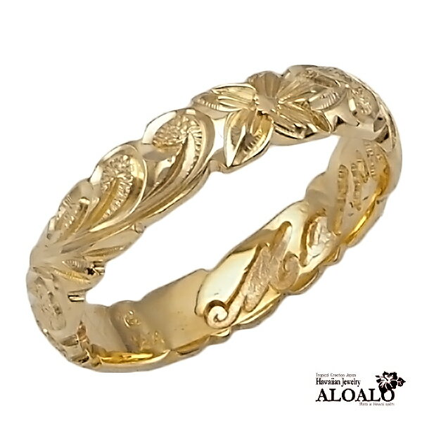 ハワイアンジュエリー リング 指輪 オーダーメイド 1.5mm厚 幅4mm 14K ゴールド イエローゴールド バレルリング ハワイ製 手彫りリング メンズ レディース 結婚指輪 マリッジリング ウェディングリング 2号-28号