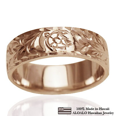 ハワイアンジュエリー リング 指輪 オーダーメイド 重厚な立体感2mm厚 幅6mm 14K ゴールド ピンクゴールド フラットリング ハワイ製 手彫りリング メ...