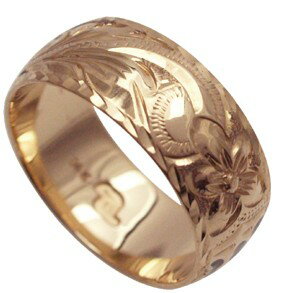 ハワイアンジュエリー リング 指輪 オーダーメイド しっかりした1.75mm厚 幅8mm 14K ゴールド ピンクゴールド バレルリング ハワイ製 手彫りリング...