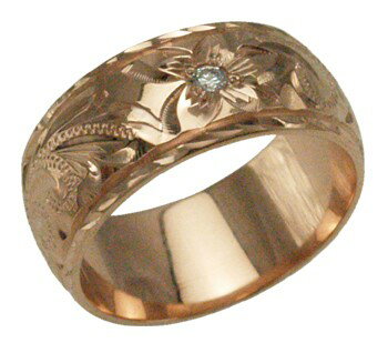 ハワイアンジュエリー リング 指輪 オーダーメイド 重厚な立体感2mm厚 幅8mm 14K ゴールド ピンクゴールド ダイヤモンドバレルリング ハワイ製 手彫り...