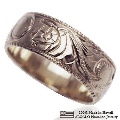 ハワイアンジュエリー リング 指輪 オーダーメイド しっかりした1.75mm厚 幅8mm 14K ゴールド ホワイトゴールド バレルリング ハワイ製 手彫りリン...