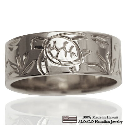 ハワイアンジュエリー リング 指輪 オーダーメイド しっかりした1.5mm厚 幅8mm 14K ゴールド ホワイトゴールド フラットリング ハワイ製 手彫りリン...