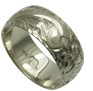 ハワイアンジュエリー リング 指輪 オーダーメイド 重厚な立体感2mm厚 幅8mm 14K ゴールド ホワイトゴールド バレルリング ハワイ製 手彫りリング メ...