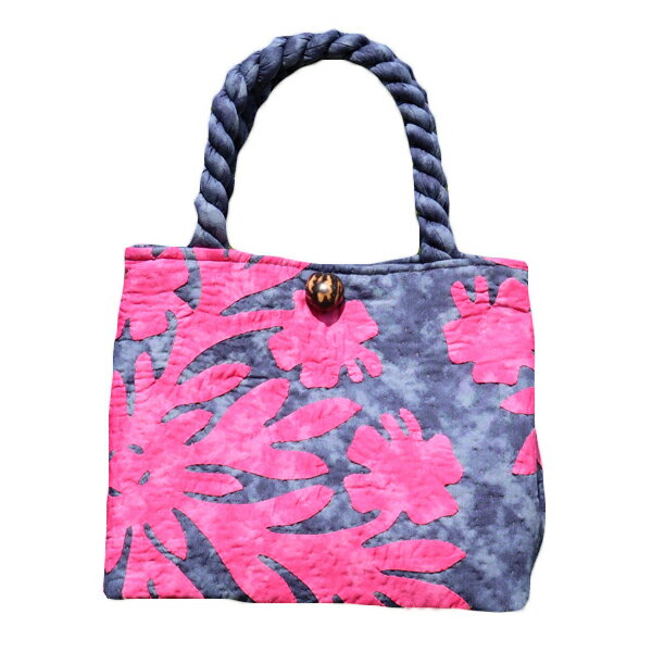ハワイアンキルトバッグ サザンフォレストのむら染め本格ハワイアンキルト セカンドバッグ スランティングハイビスカス ショッキングピンク オン デニムブルー