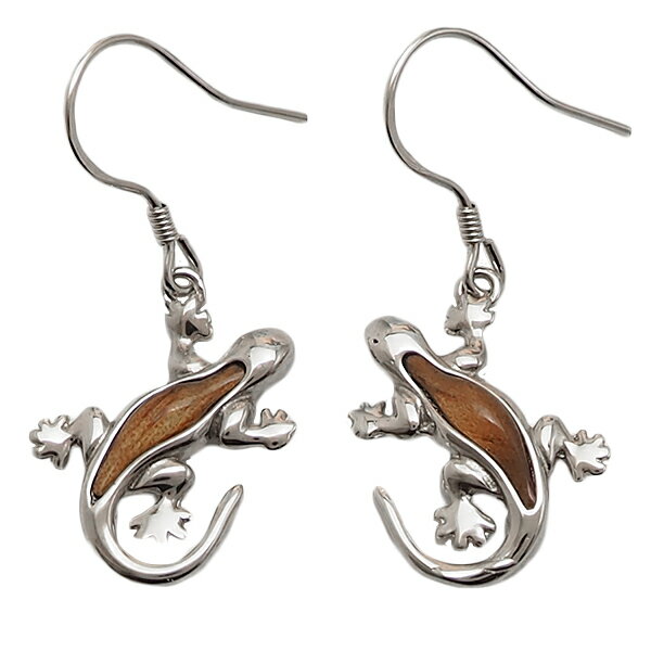ハワイアンジュエリー ピアス シルバー925 コアウッド ゲッコー シルバーピアス フック ロジウムコーティング ヤモリ