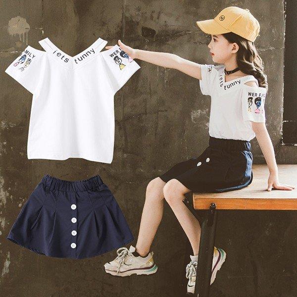 子供服 セットアップ キッズ 女の子 夏 2点セット 上下セット Tシャツ 半袖 肩出し スカート スポーツウェア ジュニア おしゃれ 可愛い カジュアル 小学生 新品