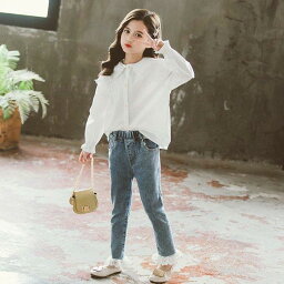 子供服 セットアップ キッズ 女の子 長袖 春秋 上下セット トップス ブラウス シャツ デニムパンツ ロングパンツ ジュニア おしゃれ 可愛い カジュアル 新品