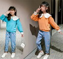 子供服 セットアップ キッズ 女の子 長袖 春秋 上下セット トップス ブラウス Tシャツ 折り襟 デニムパンツ ロングパンツ ジュニア おしゃれ 可愛い カジュアル